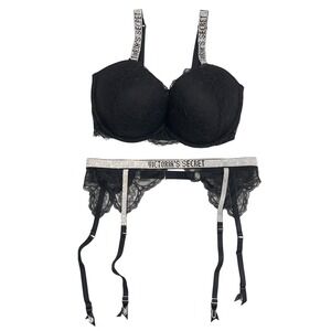 Victoria's‎ Secret Very Sexy Push-Up Bra Garter Set 36DDD M/L Black Rhinestone